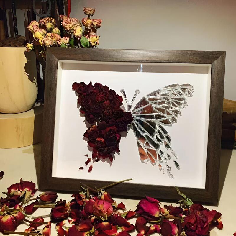 DIY Handmade Dried Rose Fragments Butterfly Mirror Photo Frame Decoration Material Kit Valentine's Day Gift for Boyfriend/Girlfriend 520 Gift