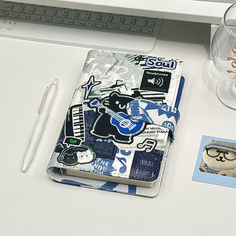 Rock Guitar Kitten A6 Leather-Bound Notebook High Aesthetic Value ins Style Detachable Loose-Leaf Notebook Student Girl's Notepad