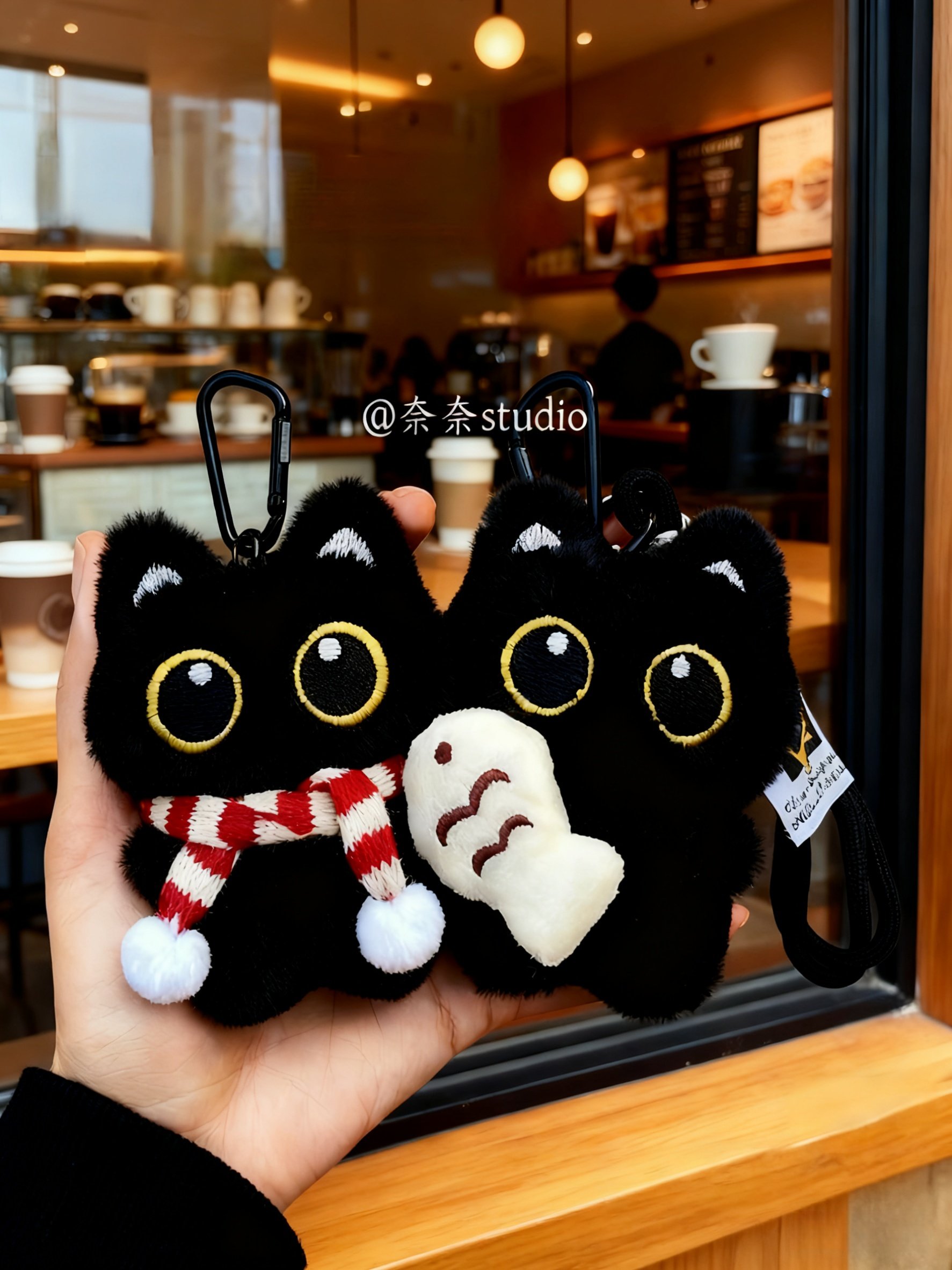 Cute and Adorable Plush Toy of a Big-Eyed Black Cat Holding a Small Fish, Couple Bag Pendant, Creative Apple-Shaped Little Black Cat Keychain