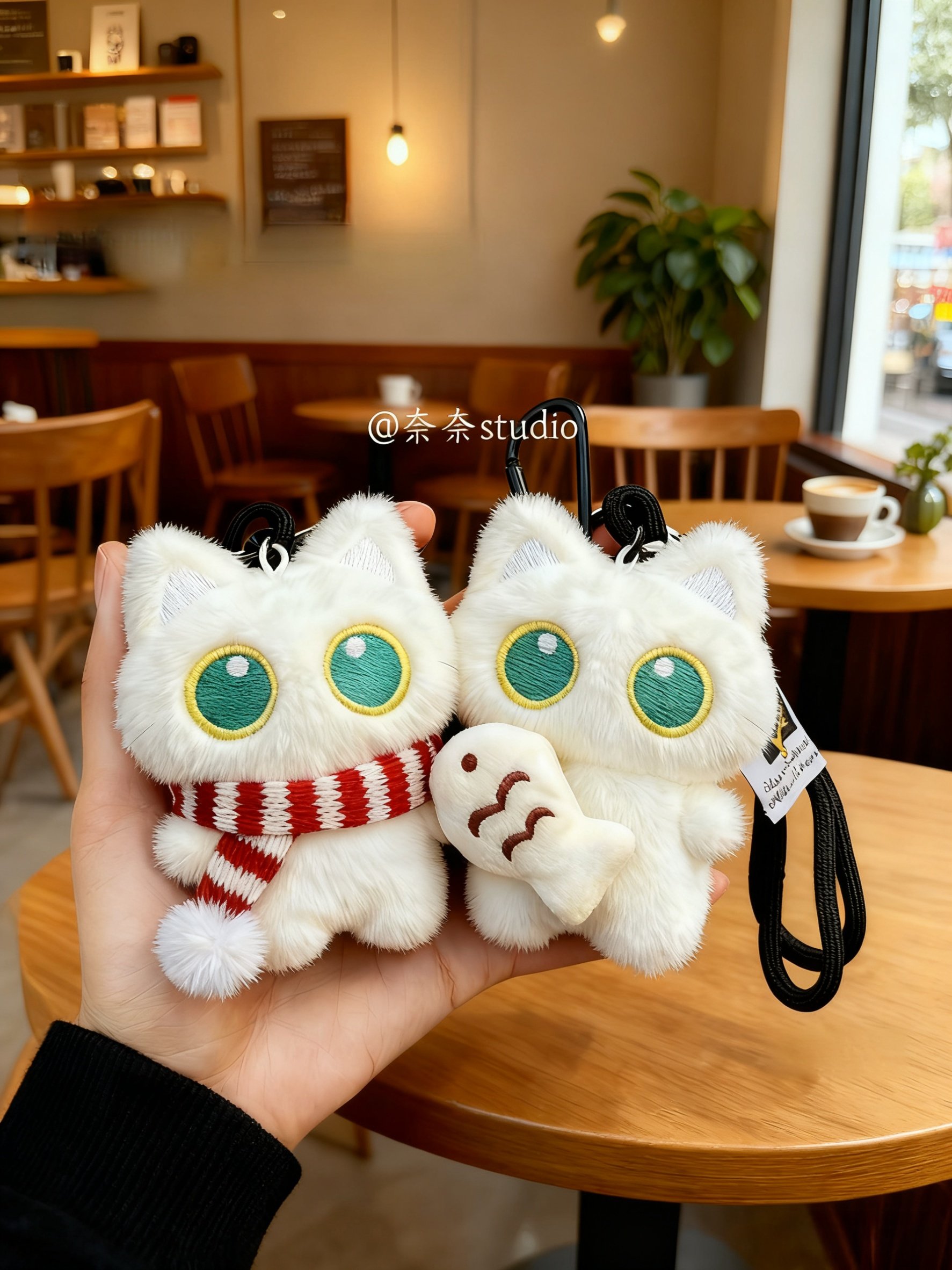 Cute and Adorable Plush Toy of a Big-Eyed Black Cat Holding a Small Fish, Couple Bag Pendant, Creative Apple-Shaped Little Black Cat Keychain