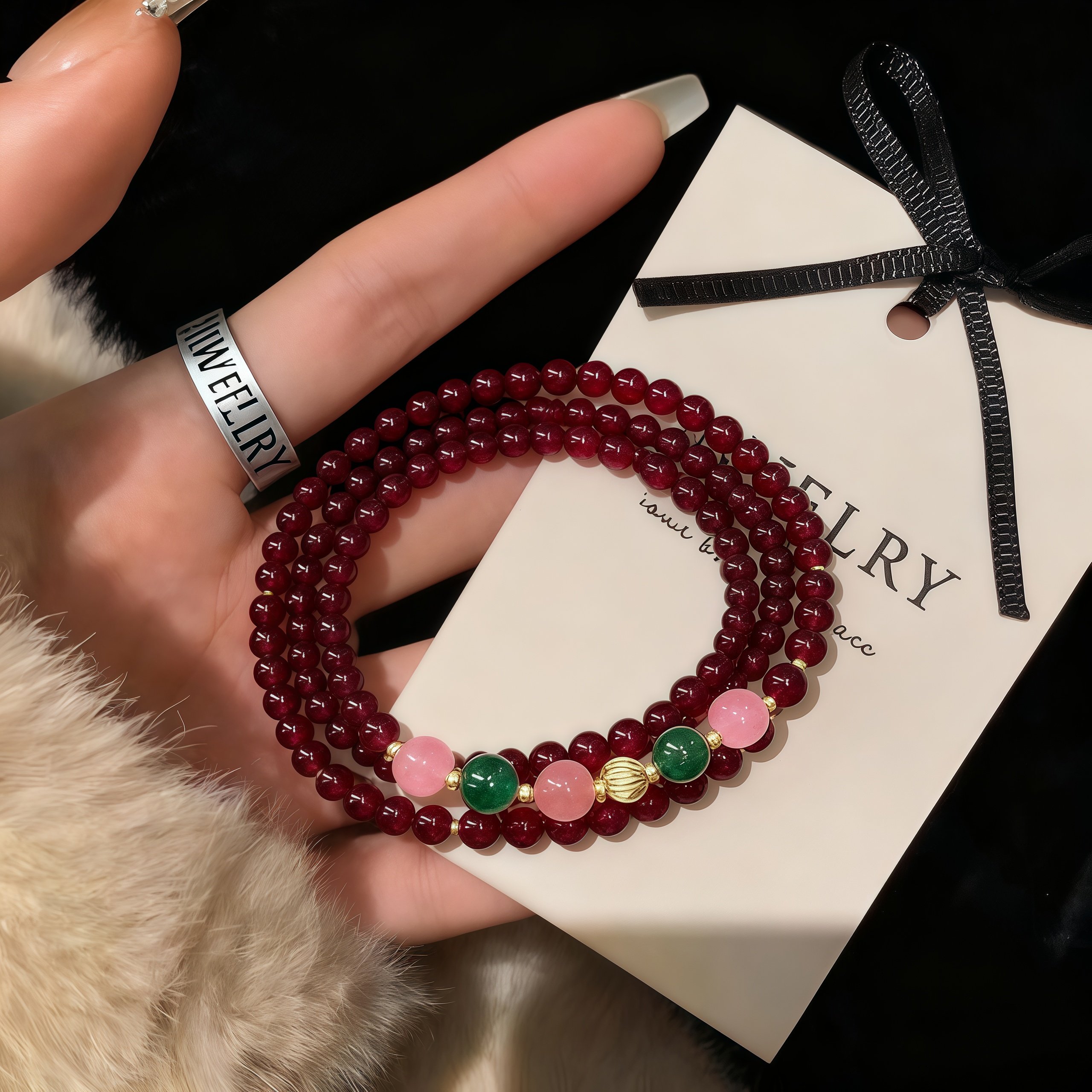 Three-Circle Good Luck Garnet Red Bracelet, Vintage Style Woven Friendship Bracelet, Light Luxury Niche Design Bracelet Gift