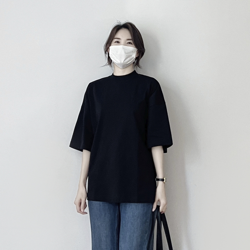 Casual Half-High Collar, Dropped Shoulder Sleeves, Three-Quarter Sleeves Top for Women, Spring and Summer New Style, Loose Mid-Length Pure Cotton Inner T-Shirt