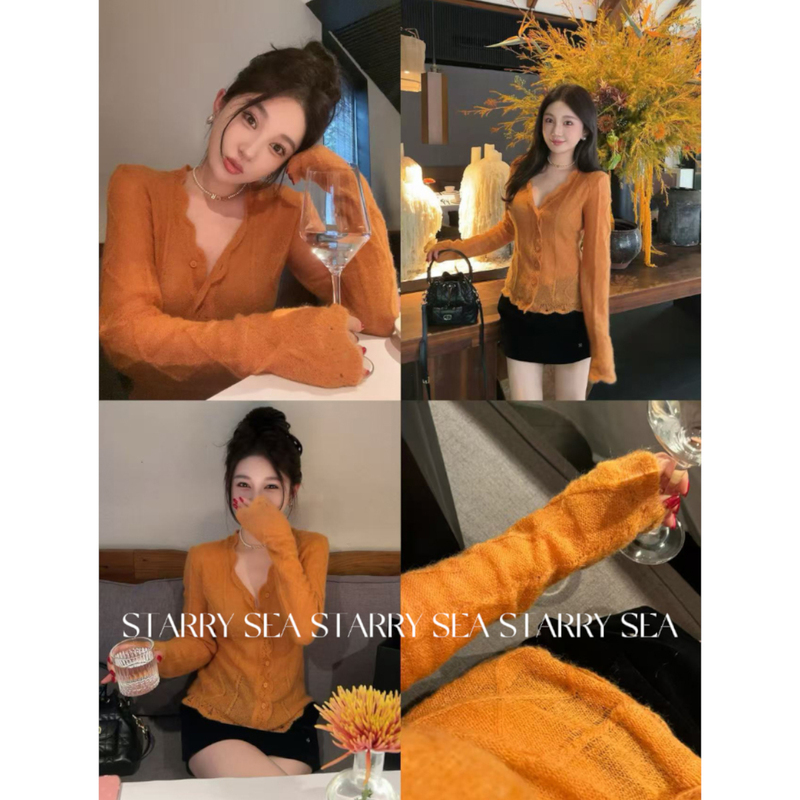 Pp【Sunset Glow】Orange French Lace Trim Knitted Cardigan, Soft and Cozy Sweater, Slimming and Elegant Top for Autumn