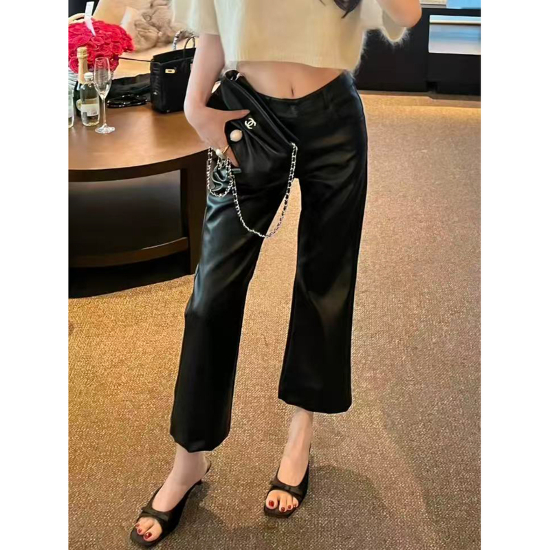Pp Panpan Private Label [Old Time Style] Pu Leather Casual Women's Loose Nine-Point Pants Vintage Straight Pu Leather Pants