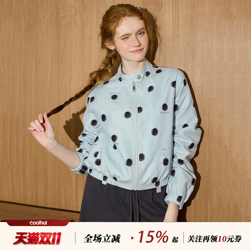 Coolhut Women's Stand-Up Collar Polka Dot Short Jacket with Zipper, Waist-Cinching Casual Jacket, Bright and Stylish Outfit