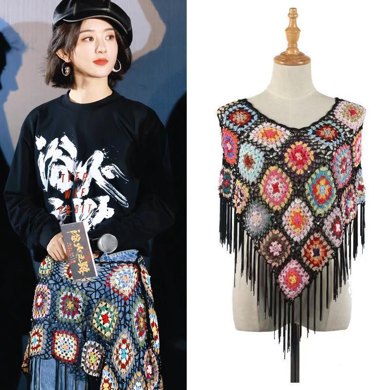 Zhao Liying's Same Style Black Hand-Crocheted Floral Triangle Scarf, Stylish and Unique Waist Accessory, New
