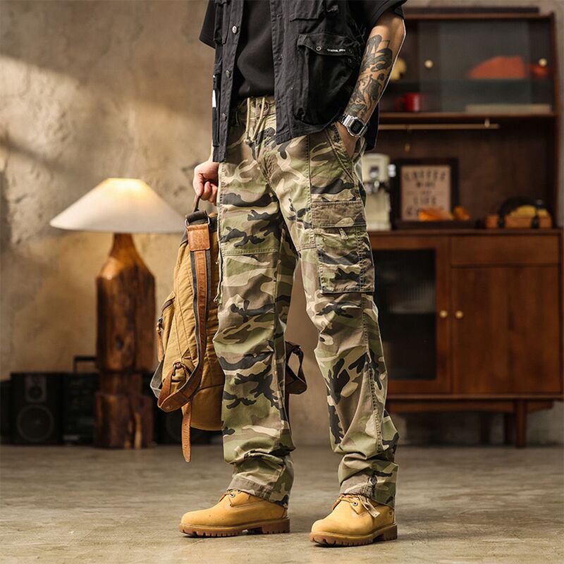 American Retro Fashion Cargo Pants Men's Camouflage Pants Spring and Summer Straight Pants Outdoor Casual Long Pants Plus Size Sports