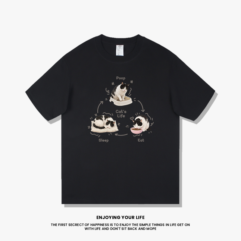 【Eat, Sleep, Milk the Cow Cat】Fun Hand-Drawn Cute Heavyweight Pure Cotton Short-Sleeve Loose Casual Versatile Long-Sleeve