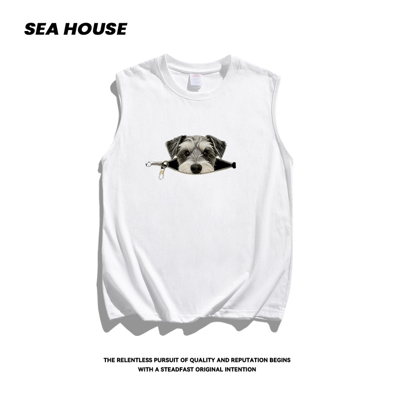 【Zipper Schnauzer】Spring and Summer New Pure Cotton Vest Top, Creative Design, Loose Sleeveless Vest