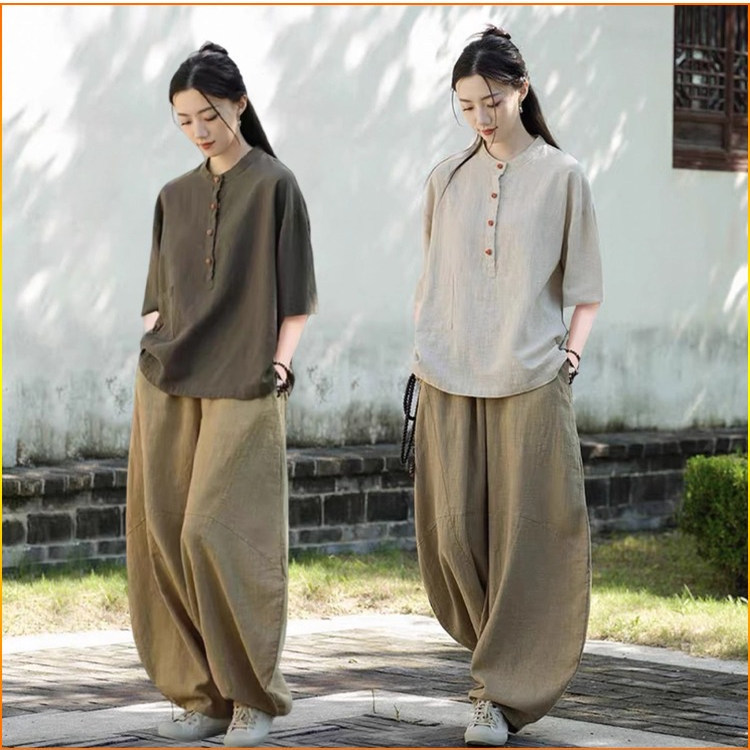 Chinese-Style Tai Chi Clothing for Women, Morning Exercise Chinese-Style Practice Clothing, Autumn Cotton and Linen Tops, Martial Arts Performance Clothing, Lay Meditation Clothing