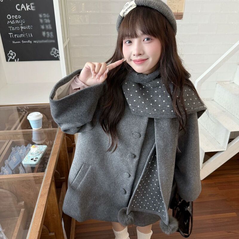 Korean-Style Lazy Chic Woolen Coat, New Spring and Autumn Gray Cape Woolen Long Thick Coat Korean-Style Lazy Chic Woolen Coat, New Spring and Autumn Gray Cape Woolen Long Thick Coat