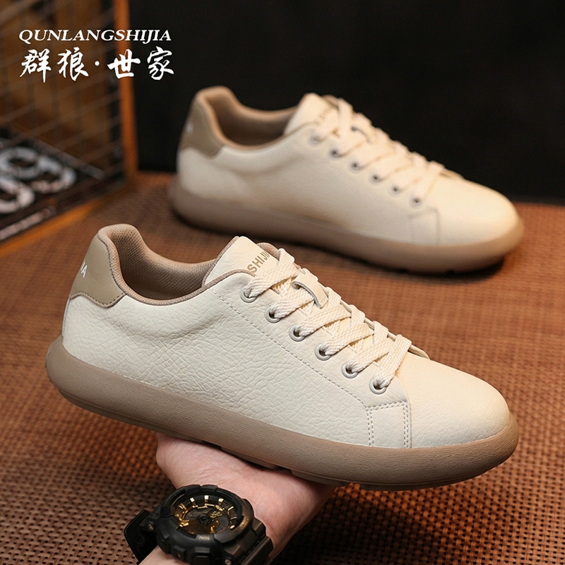 Men's Genuine Leather Spring Breathable Sports Casual Shoes, Wide Toe Box, White Sneakers, Trendy Men's Shoes