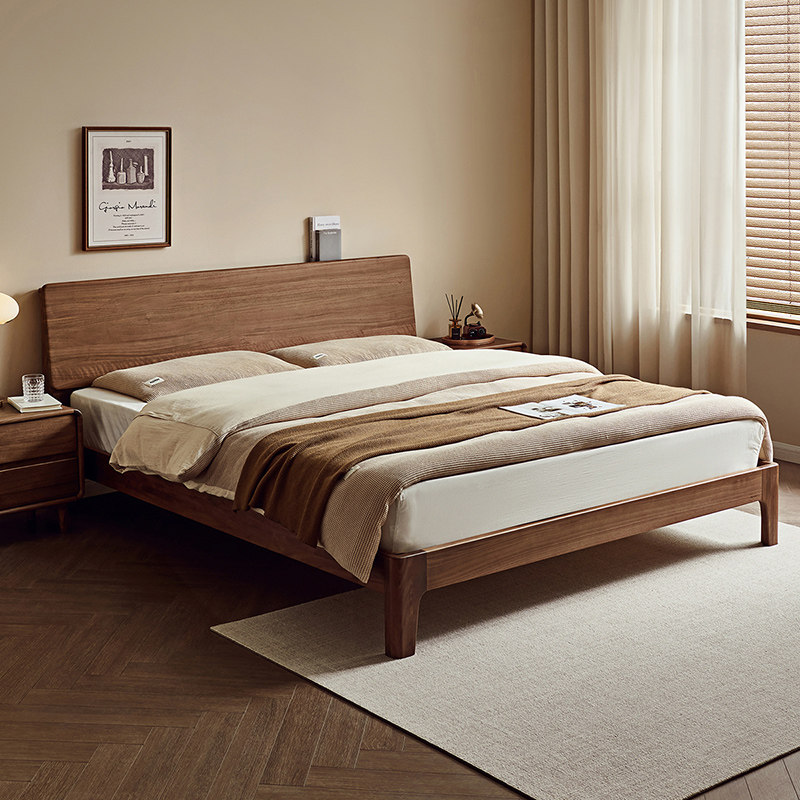 Quanyou Home Furniture 2025 новая двуспальная кровать из массива дерева в скандинавском стиле, мебель для главной спальни, 1-метровая кровать из черного ореха, 8 дюймов, североамериканская кровать из черного ореха Изображение 1