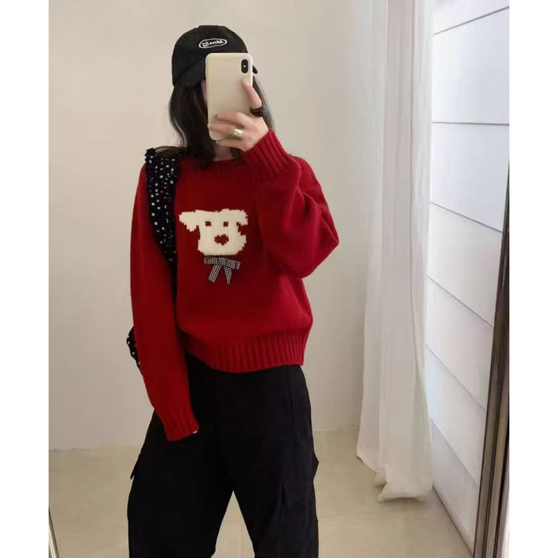 Korean-Style Bowknot Puppy Jacquard Round-Neck Pullover Sweater, New Versatile Loose-Fitting Youthful Top, Super Stylish and Simple