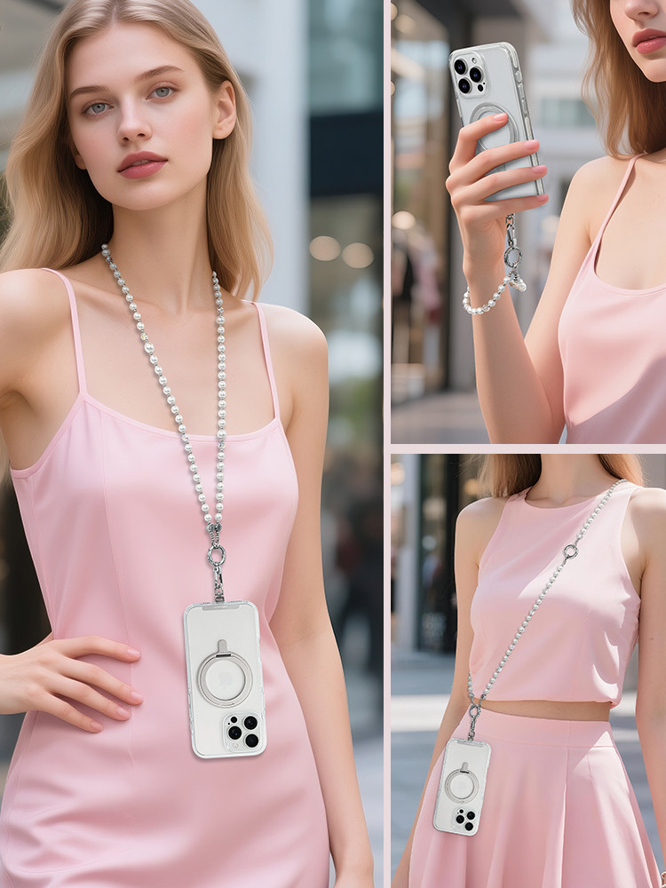 Leeudesign Niche Designer Three-In-One Phone Chain, High-End Luxury, Beautiful White Pearl Crossbody Long Chain, Detachable Wrist Strap, Neck Strap, Phone Lanyard, Anti-Lost Accessory for Women
