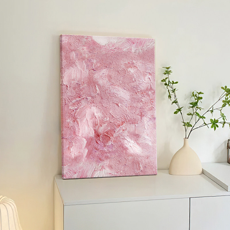 Horizontal Pink Living Room Decorative Painting, Large White Wall Sofa Background Wall Hanging Painting, Cream Style Entrance Mural, Abstract Art