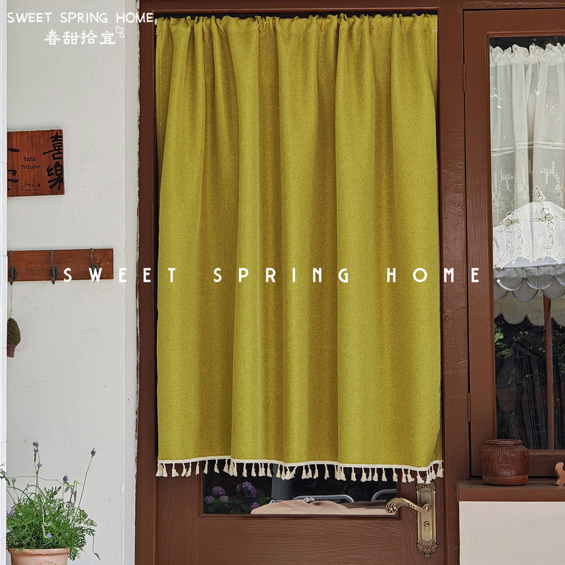 Simple Solid Color Rod-Mounted Door Curtain, Half Curtain for Door Frame, Fabric Hanging Curtain for Hallway, Partition Curtain, Retractable, No-Drill Cotton and Linen Style