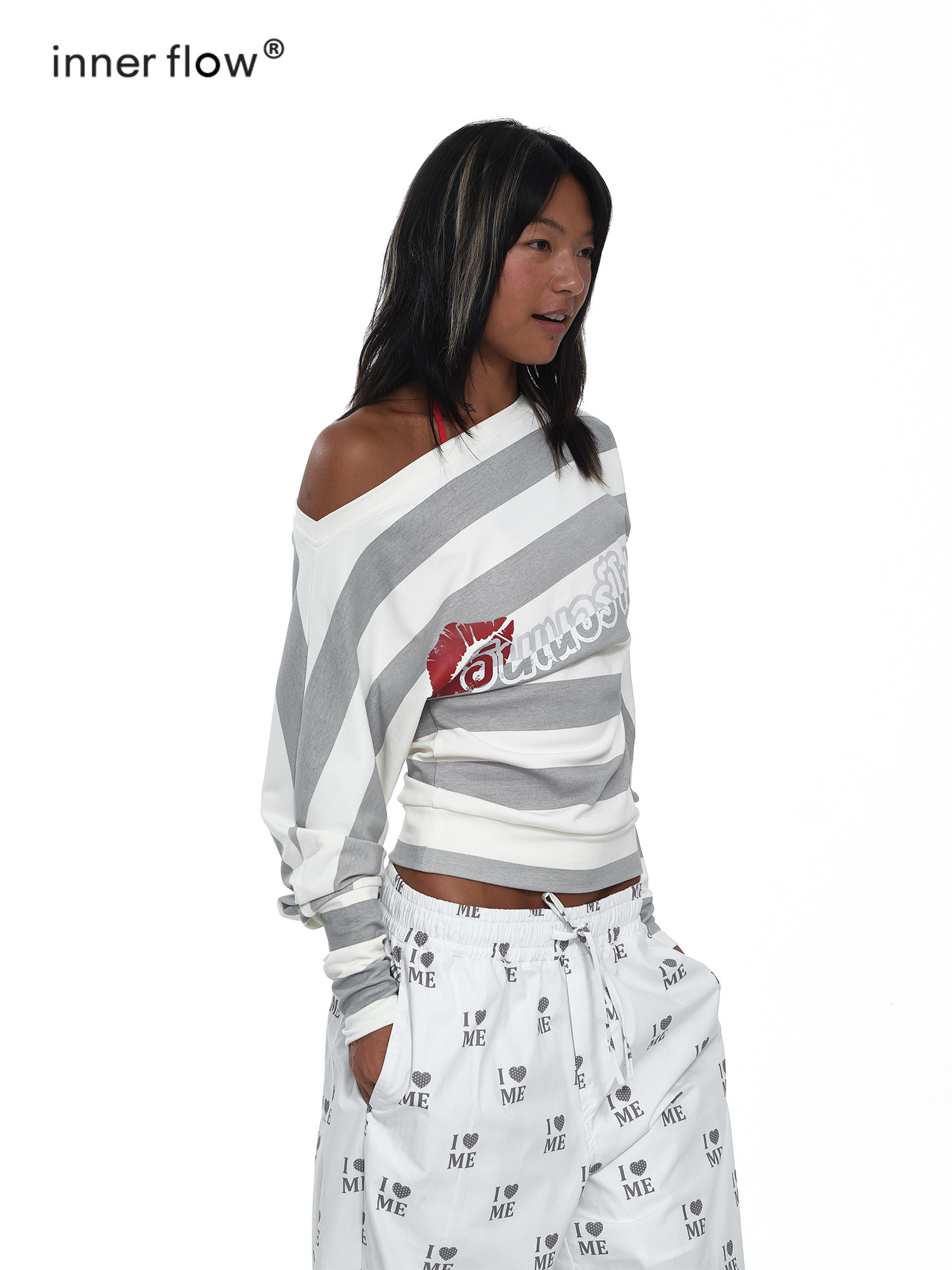 Innerflow INNERFLOW Rebel Canvas Cotton Light Grey Large Striped Red Lip Print ...