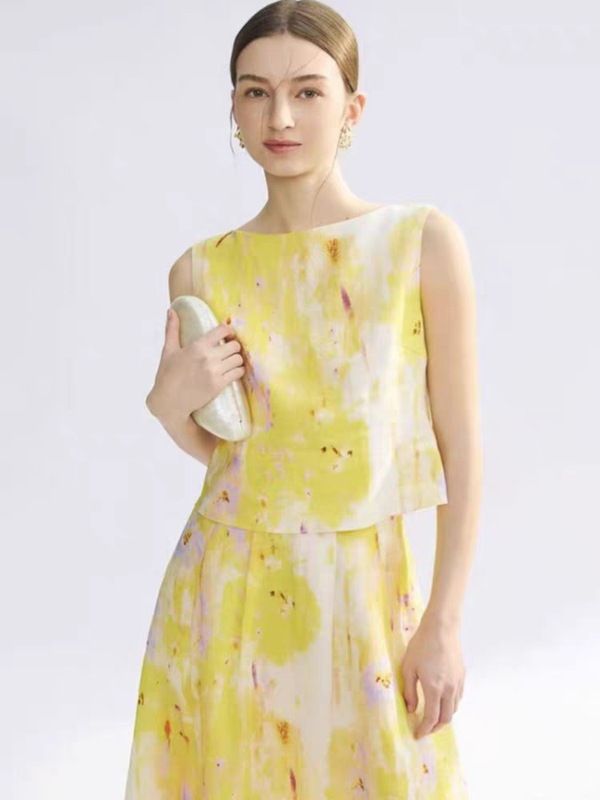 Lmagy Form Summer Ramie Print Vacation Sleeveless Camisole with Back Zipper Versatile Top for Women