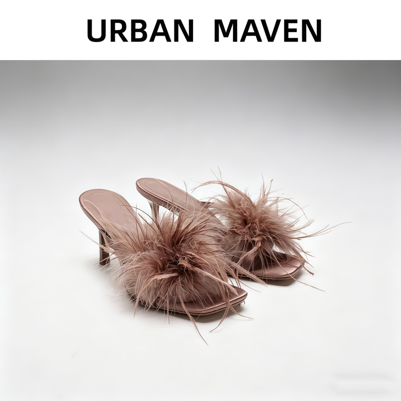 Ur Ban Maven2026 New Summer Furry Slippers for Women with Feather Decoration Square Toe Sandals Stiletto High Heels
