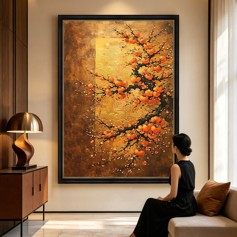 Hand-Painted Oil Painting "Golden Persimmon" for Living Room Sofa, Entrance Hall, Dining Room Background Wall Decoration, Vintage Style Persimmon Hanging Painting