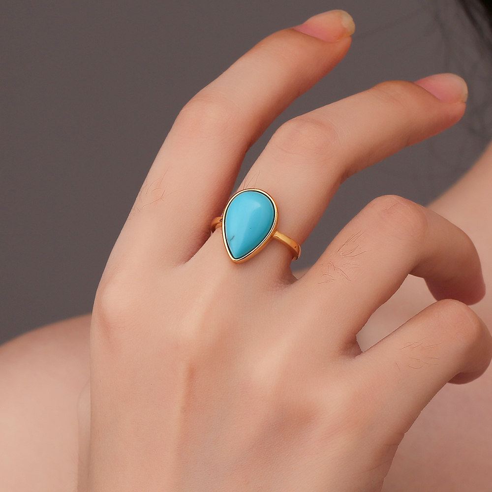 Genuine natural turquoise drop-shaped ring for women