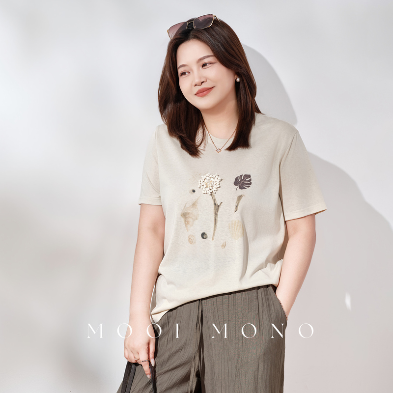 Mooi Mono "松花T" Slimming, Elegant, Versatile, Workwear-Friendly Lyocell Linen 3D Embroidered T-Shirt T257Z62