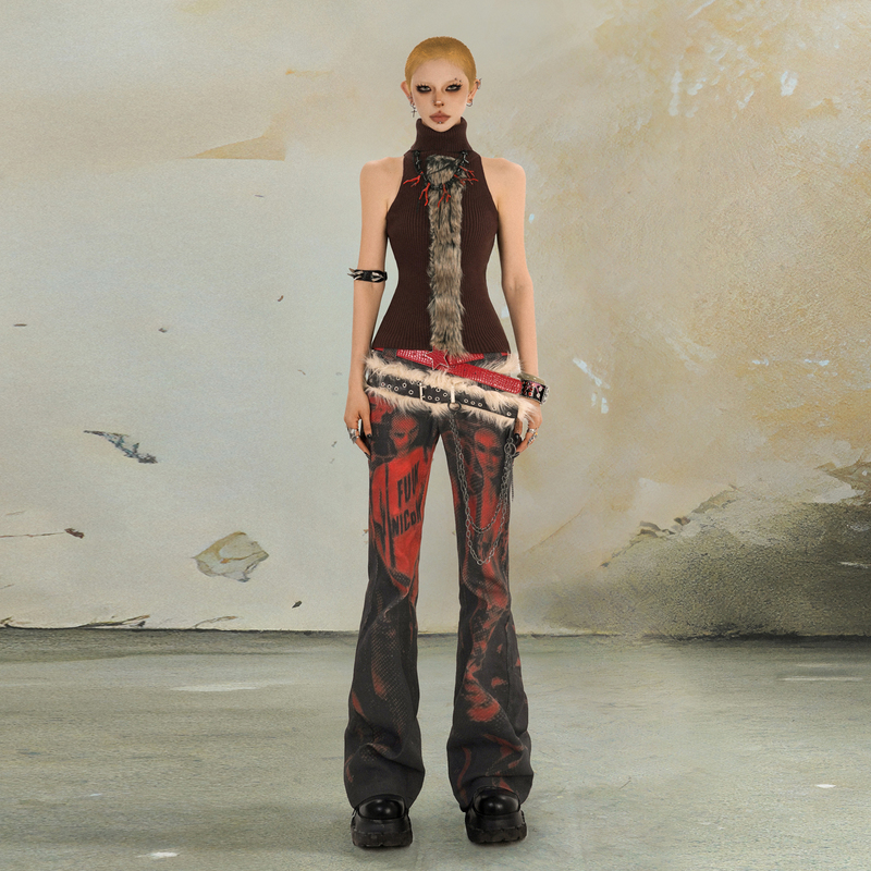 Punknova Original Niche Punk Micro-Flared Jeans for Women, Street Style, Rock Dark Red Long Pants