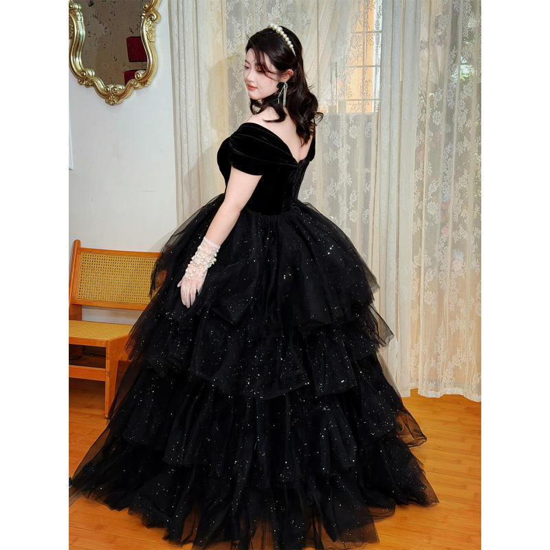 Black Evening Dress for Plus-Size Women, French-Style Off-Shoulder Princess Dress, Suitable for Vocal Arts Students, Birthday, Coming-Of-Age Ceremony, with Puffy Tulle Black Evening Dress for Plus-Size Women, French-Style Off-Shoulder Princess Dress, Suitable for Vocal Arts Students, Birthday, Coming-Of-Age Ceremony, with Puffy Tulle