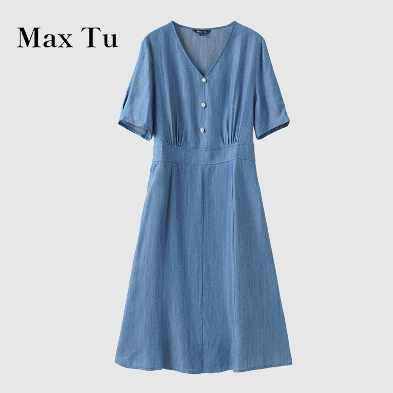 Max Tu Discount Store Summer Denim Style V Neck Short-Sleeved Dress Women's Waist-Cinching Casual Elegant Skirt