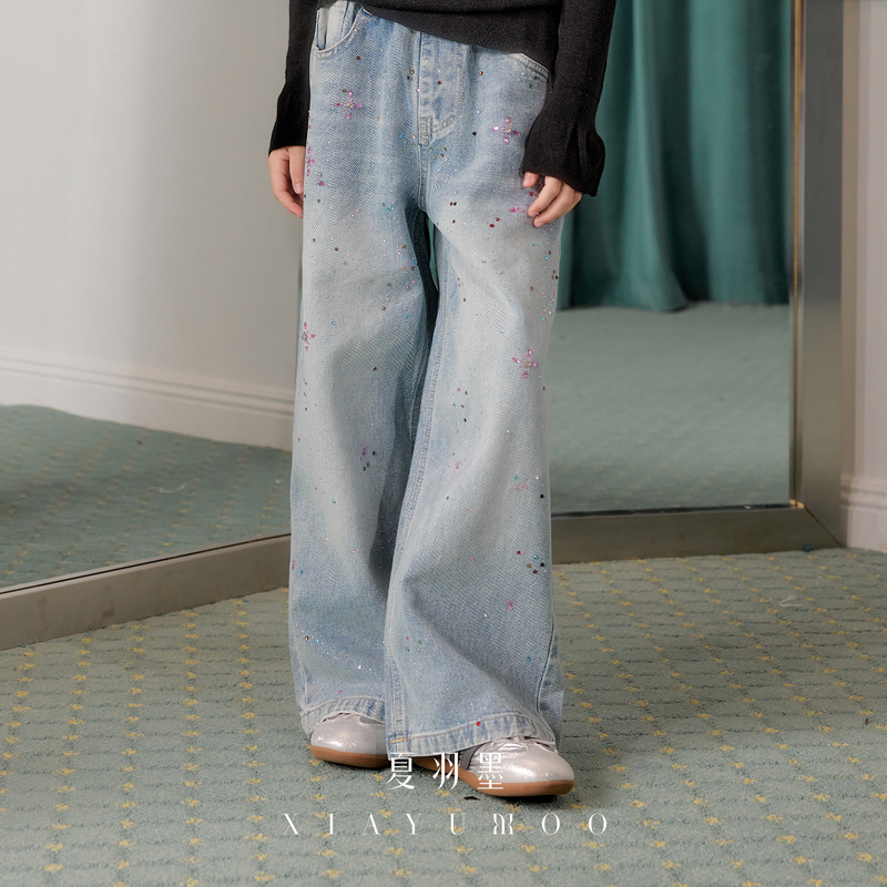 【26 Autumn New Collection】Xia Yumo [After-Party Vibes] Girls' Wide-Leg Pants Loose Children's Jeans Autumn Sequins