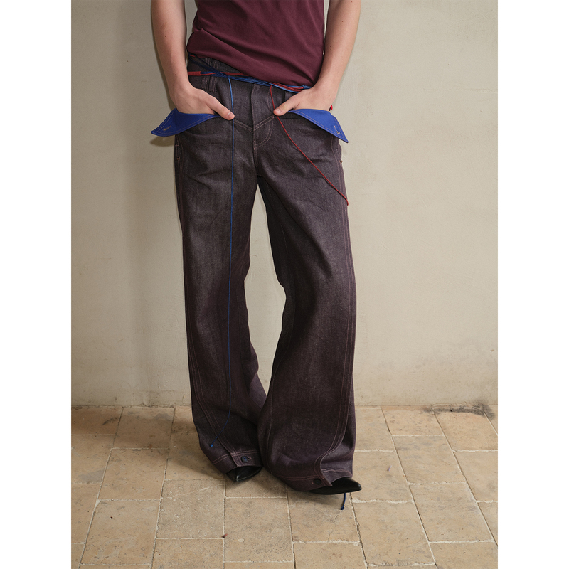 Soknot〔Tibetan Blue Invasion〕Niche Design Purple Contrast Color Cuffed Loose-Fitting Micro-Flared Denim Pants