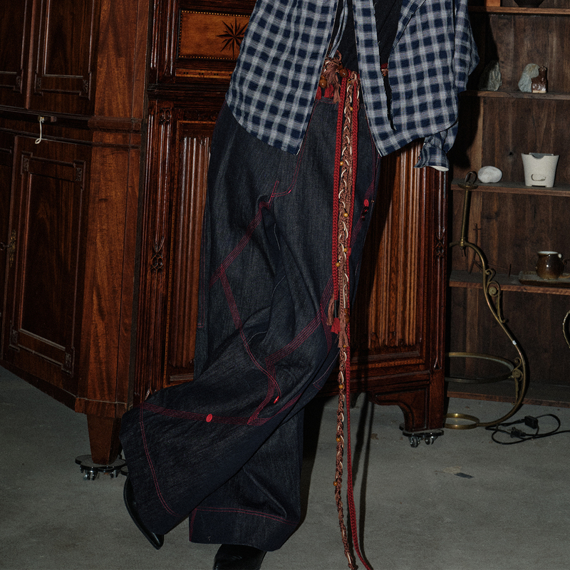 Soknot〔Tibetan Red Erosion〕Rhombus Button Stitching Dark Blue Original Color Jeans Niche Designer Long Pants for Men Soknot〔Tibetan Red Erosion〕Rhombus Button Stitching Dark Blue Original Color Jeans Niche Designer Long Pants for Men