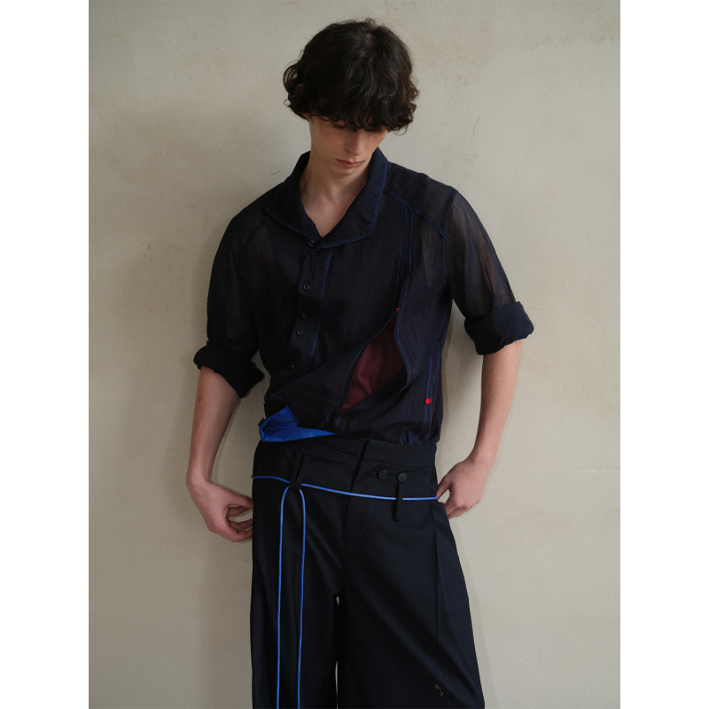 Soknot〔Red Erosion & Blue Invasion〕Long-Sleeved Loose-Fitting Navy Blue Diagonal Opening Mesh See-Through Shirt for Men and Women Summer