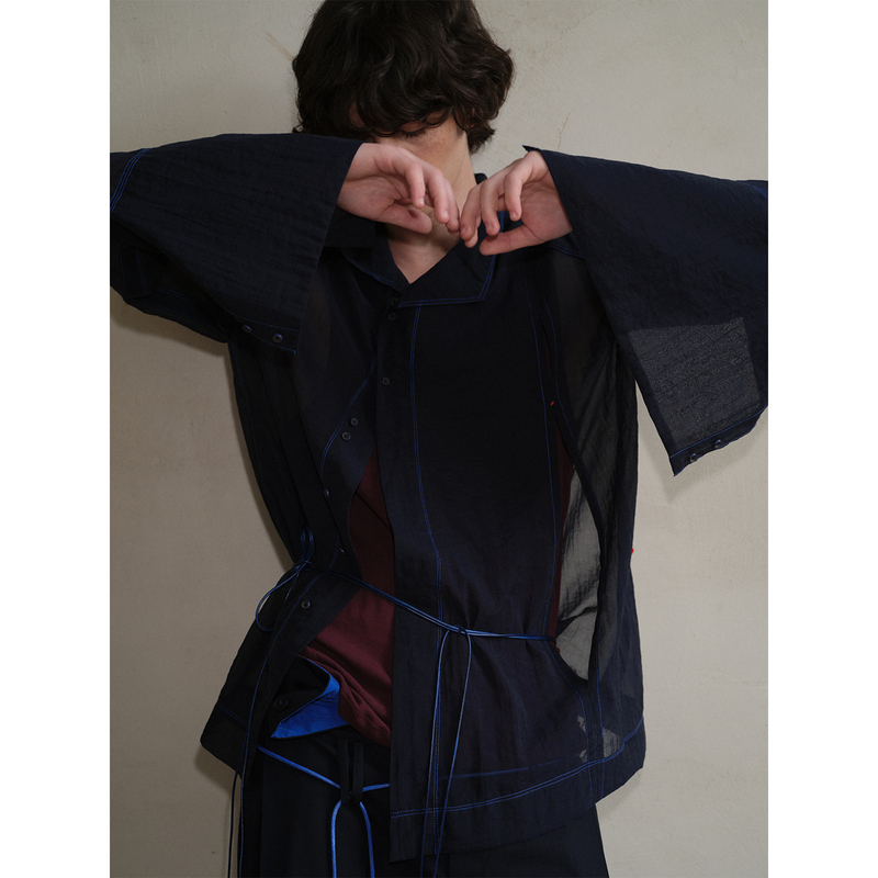 Soknot〔Red Erosion & Blue Invasion〕Long-Sleeved Loose-Fitting Navy Blue Diagonal Opening Mesh See-Through Shirt for Men and Women Summer