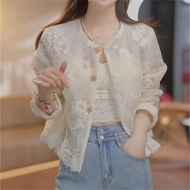2025 New Autum New Chinoiserie Heavy Industry Embroider Sequins Cut Out Lace Splicing Round Neck Jacket Tops for Women 2025 New Autum New Chinoiserie Heavy Industry Embroider Sequins Cut Out Lace Splicing Round Neck Jacket Tops for Women