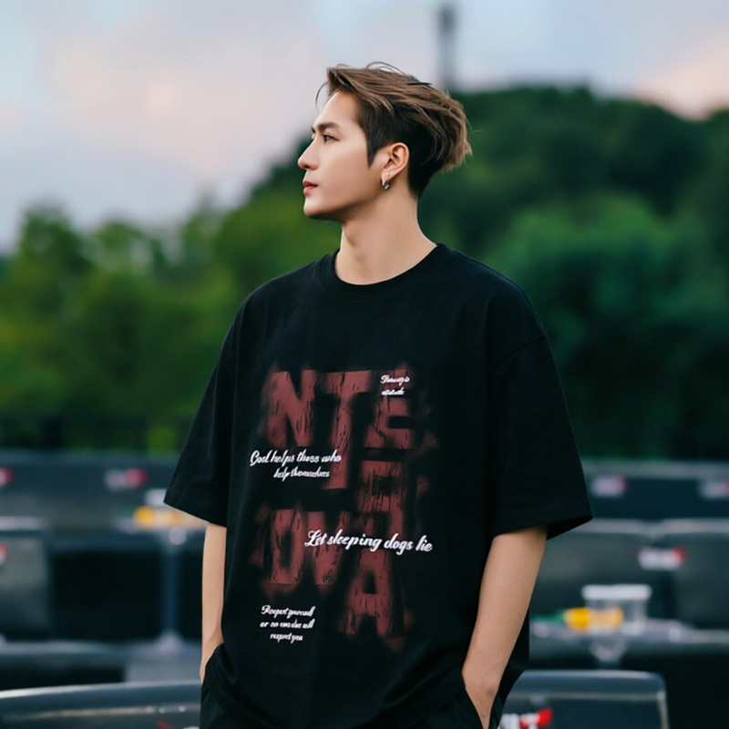 Jackson Wang Style Flocked Letter Inkjet Print Trendy Casual Short-Sleeve Men's Summer Pure Cotton Loose T-Shirt Jackson Wang Style Flocked Letter Inkjet Print Trendy Casual Short-Sleeve Men's Summer Pure Cotton Loose T-Shirt