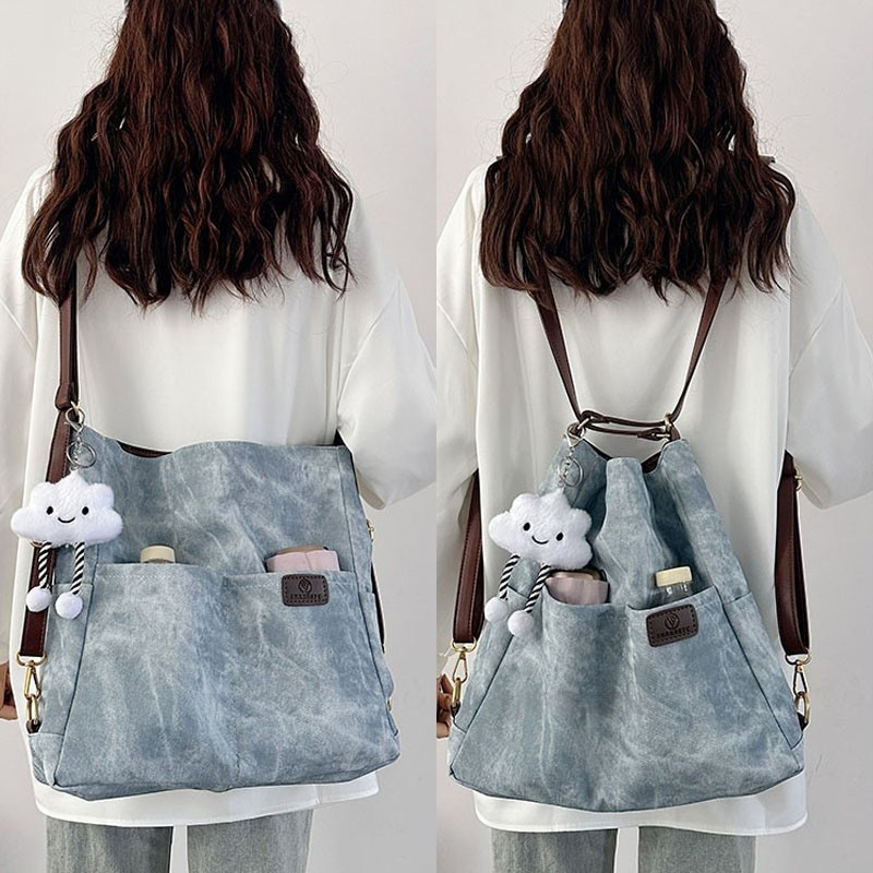 German Single-Shoulder Tote Bag, Denim Soft Leather Three-Way Bag, Commuter Crossbody Bag, Female Student Large-Capacity Backpack German Single-Shoulder Tote Bag, Denim Soft Leather Three-Way Bag, Commuter Crossbody Bag, Female Student Large-Capacity Backpack