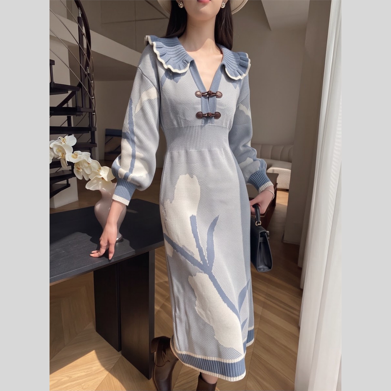 2026 New Style French Academy Style Dress for Women, Autumn Navy Collar Long-Sleeve Waist-Cinching Mid-Length Blue Elegant Dress