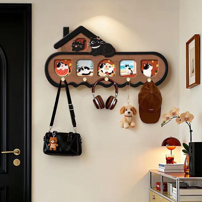 Vintage-Style Cat Hole Board Key Storage Hook for Entryway, Chinese-Style Decorative Hanging Rack for Drilling into the Door or Living Room