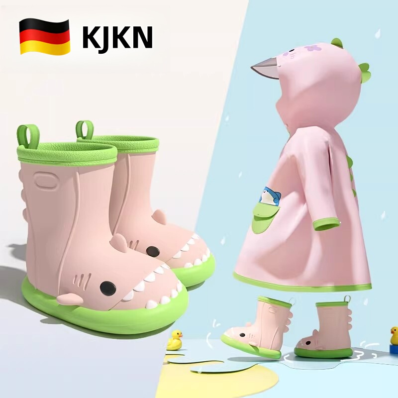 German Kjkn Little Cute Shark Rain Shoes Children's Raincoat Set Cute Non-Slip Water Shoes Water Splashing Festival Essential Baby Rain Boots