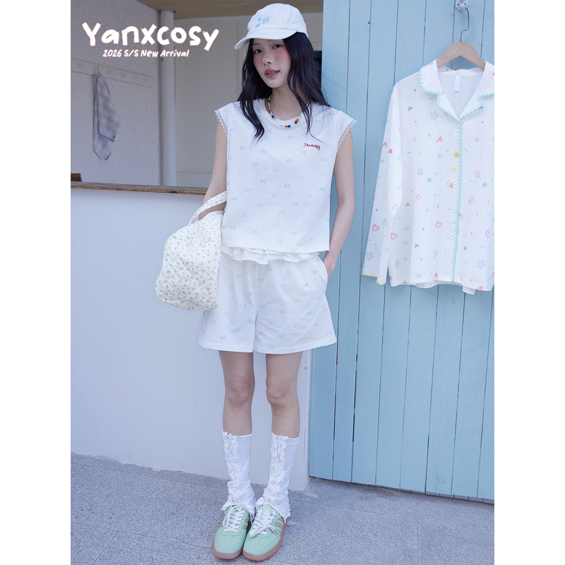 Yanxcosy2026 Spring and Summer New Lace Splicing Colorful Pure Cotton Pajamas Women's Holiday Style Home Wear Set