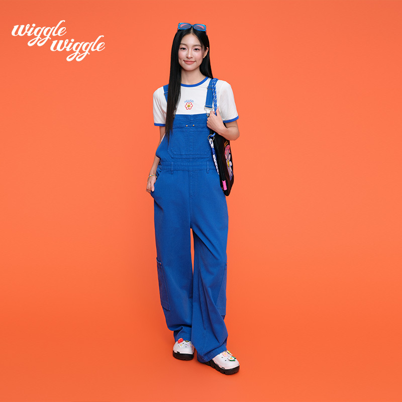 [Same Style as Zhao Yibo] Wigglewiggle Dopamine Loose-Fitting Age-Reducing Workwear Overalls Denim Pants Long Pants