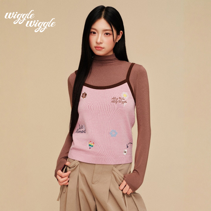 Wigglewiggle26 Early Autumn New Style Australian Wool Plush Soft Heavy Embroidery Color-Blocking Versatile Camisole for Women