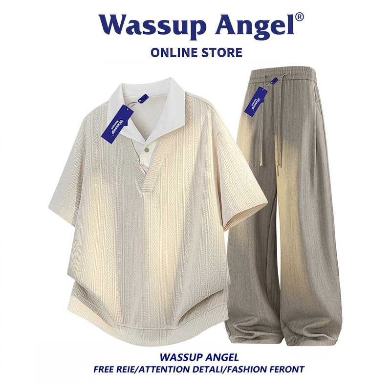Wassup Angel Youth Fake Two-Piece Shirt Collar Short Sleeve Two-Piece Set Men's Summer Draped Wide-Leg Pants Suit Wassup Angel Youth Fake Two-Piece Shirt Collar Short Sleeve Two-Piece Set Men's Summer Draped Wide-Leg Pants Suit