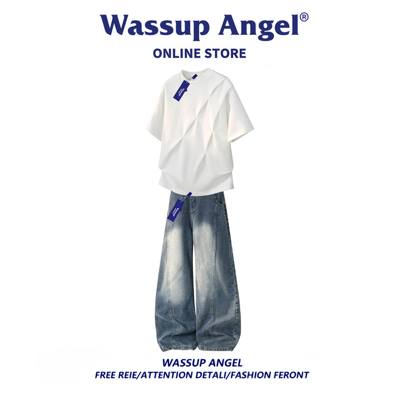 Wassup Angel American Trendy Brand Casual Suit for Men, Summer Youth Short-Sleeved T-Shirt and Denim Pants Set