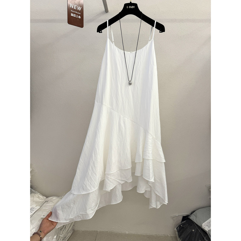 High-End European Spring and Summer New Fashion This Year's Trendy Irregular Simple Spaghetti Strap Dress Elegant White Long Dress