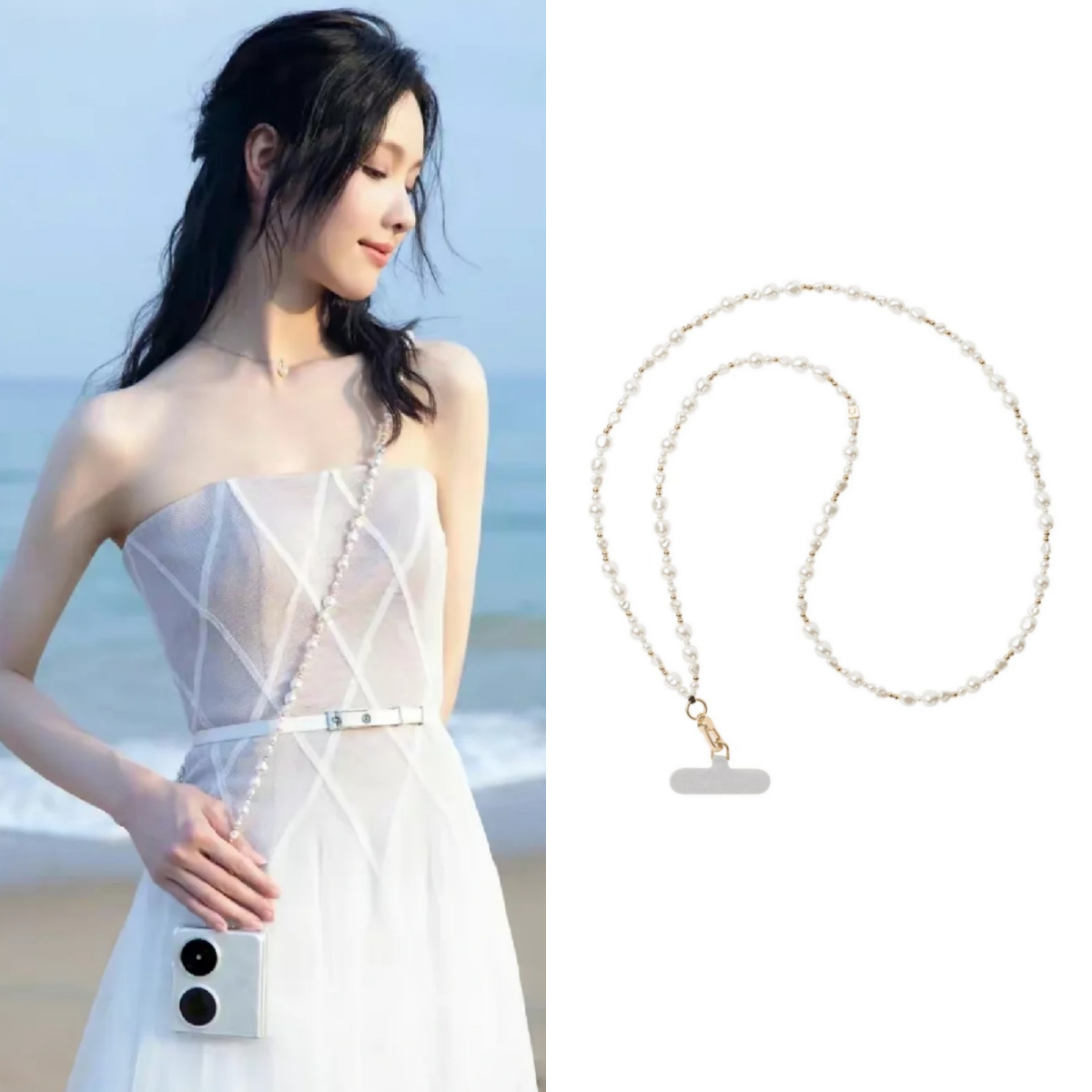 ケース Zhao Lusi 同じシルバーとホワイトパールのクロスボディストラップ 携帯電話チェーン 多用途 ロング 紛失防止チェーン 女性用