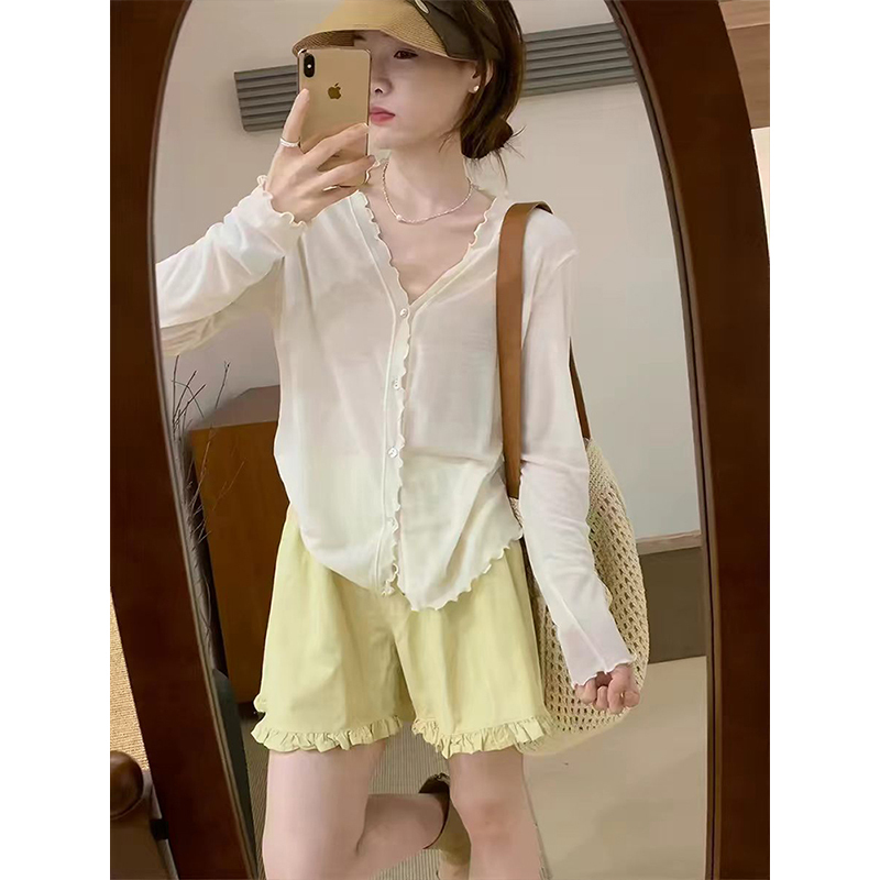 Mosesqueen White Sun-Protective Cardigan Thin Long-Sleeve Ruffled V-Neck Air Conditioning Jacket Top Mosesqueen White Sun-Protective Cardigan Thin Long-Sleeve Ruffled V-Neck Air Conditioning Jacket Top