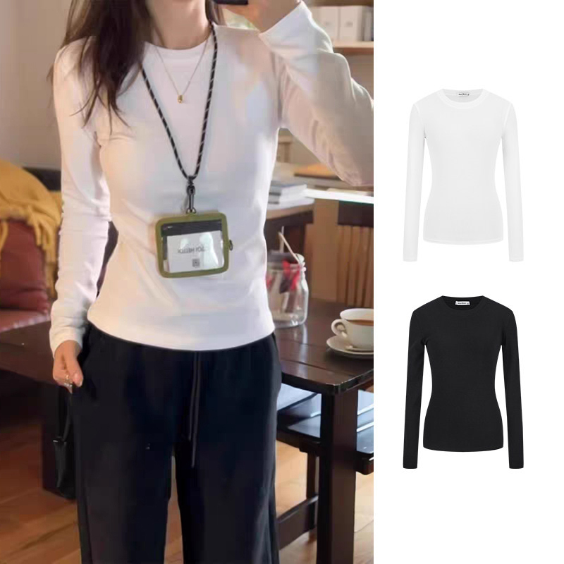 Mosesqueen White Base Shirt for Women, Suitable for Spring, Autumn, and Winter, Slim Fit, Long-Sleeved T-Shirt Top